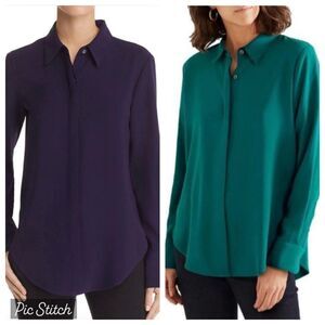 Theory M Lot of 2 Sunaya HP Urban Crepe Hidden Placket Blouses Green Navy NWOT⁠